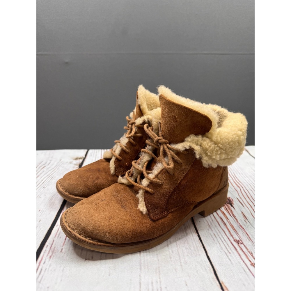 UGG Lace‎ Up Boots Womens Chestnut Suede Shearling Trim Ankle Boots Size 5